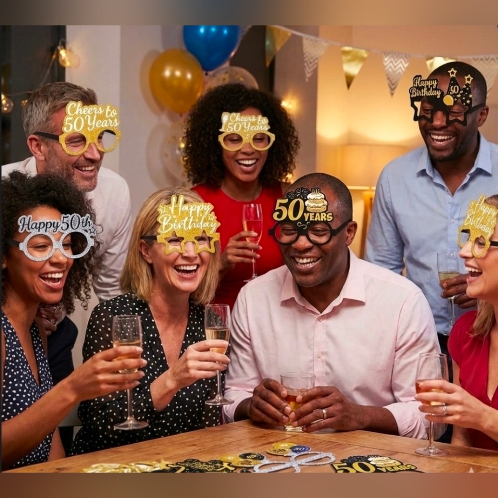 75+ pcs 50th Birthday Photo Props, Cursive Banner, Stickers